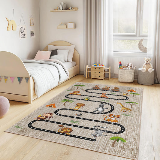 Safari Adventure Kids Play Rug, Jungle Theme Kids Carpet, Animal Road Map Rug, Soft Rectangle Rug for Children's Room