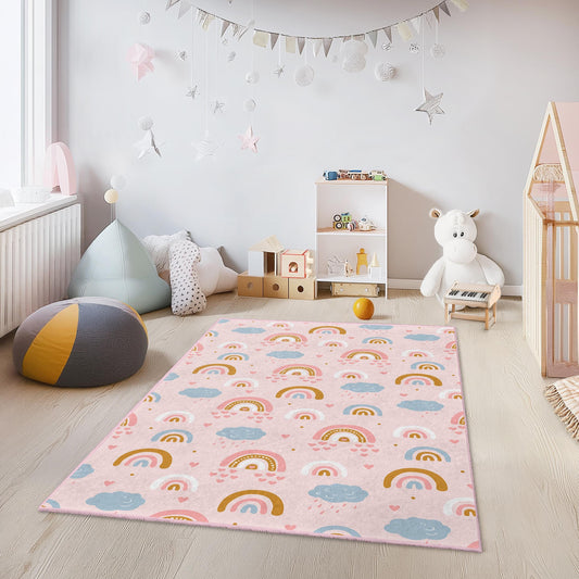 Rainbow Dreams Kids Area Rug, Colorful Rectangular Play Rug, Soft Nursery Carpet, Childrens Room Decor, Playroom Essentials