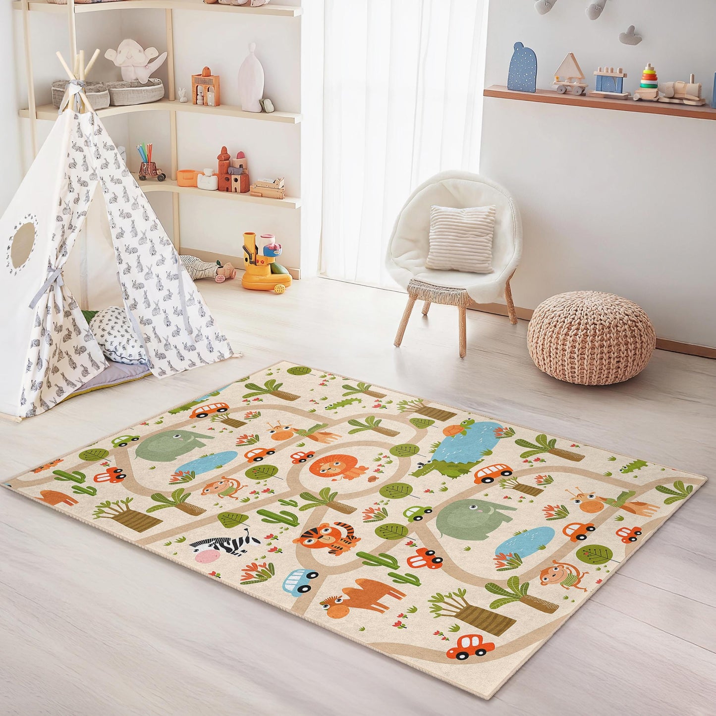 Animal Adventure Kids Play Rug, Rectangular Kids Rug, Playroom Carpet, Safari Themed Rug, Childrens Room Decor, Cozy Play Mat