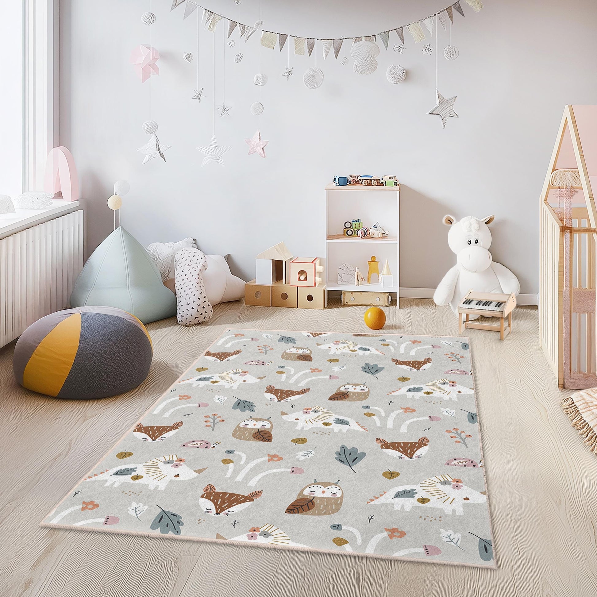 Whimsical Forest Animals Kids Rug, Rectangular Playroom Carpet, Cute Nursery Decor, Childrens Area Rug, Soft Play Mat for Kids