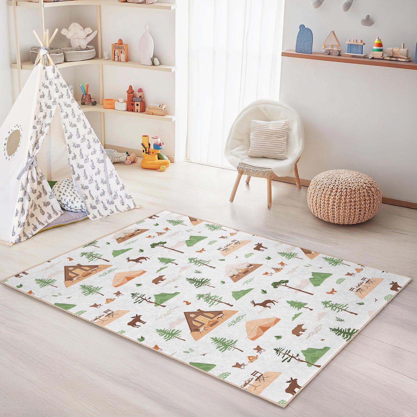 Forest Adventure Kids Rug, Rectangular Play Mat, Nature Themed Nursery Carpet, Campfire Kids Room Decor, Woodland Animal Rug