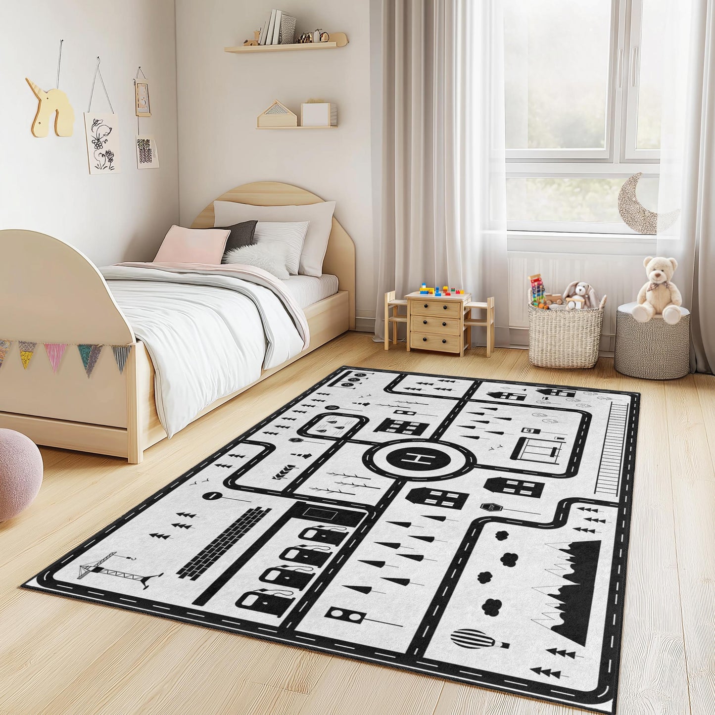 City Map Play Rug for Kids, Interactive Black and White Kids Carpet, Rectangle Play Mat, Nursery Decor, Educational Rug for Children