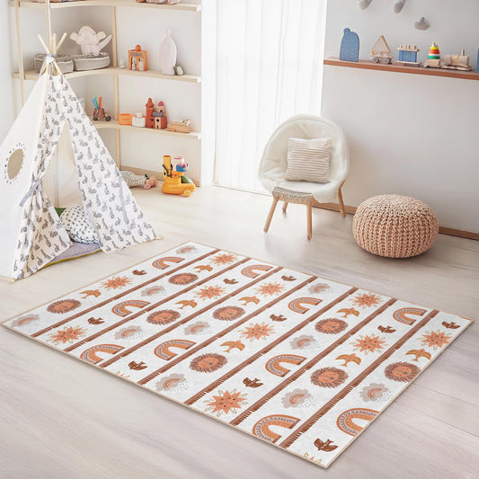Sunny Rainbow Adventure Kids Rug, Rectangular Play Mat, Colorful Nursery Carpet, Boho Decor for Kids Room, Childrens Play Area Rug