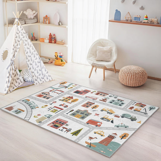 Playful Road Map Kids Rug, Colorful Rectangular Carpet for Children's Room, Interactive Play Mat, Nursery Decor, Soft and Cozy Rug