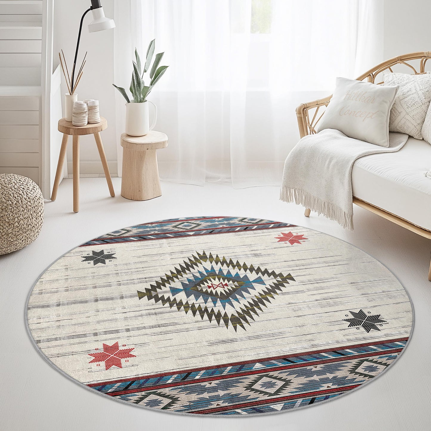 Runder Teppich im Boho-Stil, geometrisches Muster, weicher runder Teppich für Wohnzimmer, Schlafzimmer oder Kinderzimmer, stilvolles Wohnaccessoire