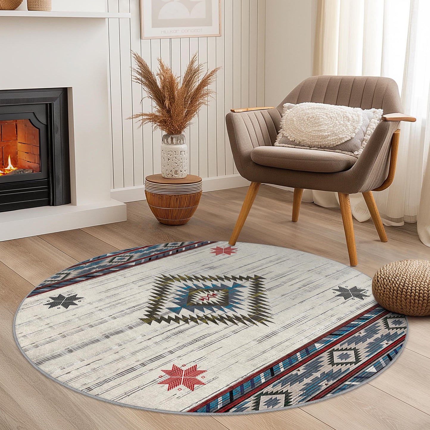 Runder Teppich im Boho-Stil, geometrisches Muster, weicher runder Teppich für Wohnzimmer, Schlafzimmer oder Kinderzimmer, stilvolles Wohnaccessoire