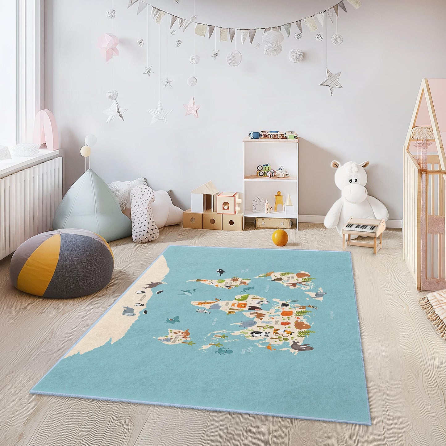 Lernteppich mit Tierweltkarte für Kinder, rechteckige Spielmatte, Kinderzimmerdeko mit Tiermotiven, lustiger Lernteppich