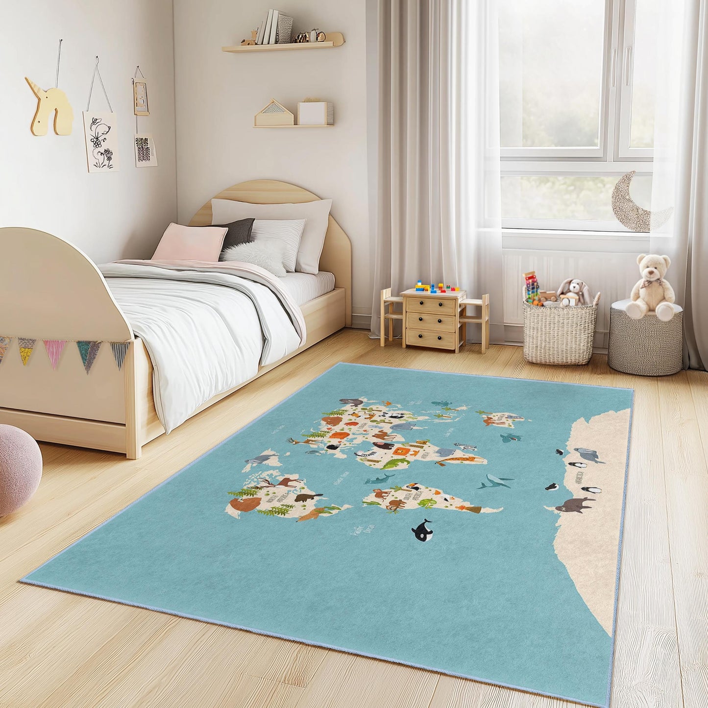 Lernteppich mit Tierweltkarte für Kinder, rechteckige Spielmatte, Kinderzimmerdeko mit Tiermotiven, lustiger Lernteppich