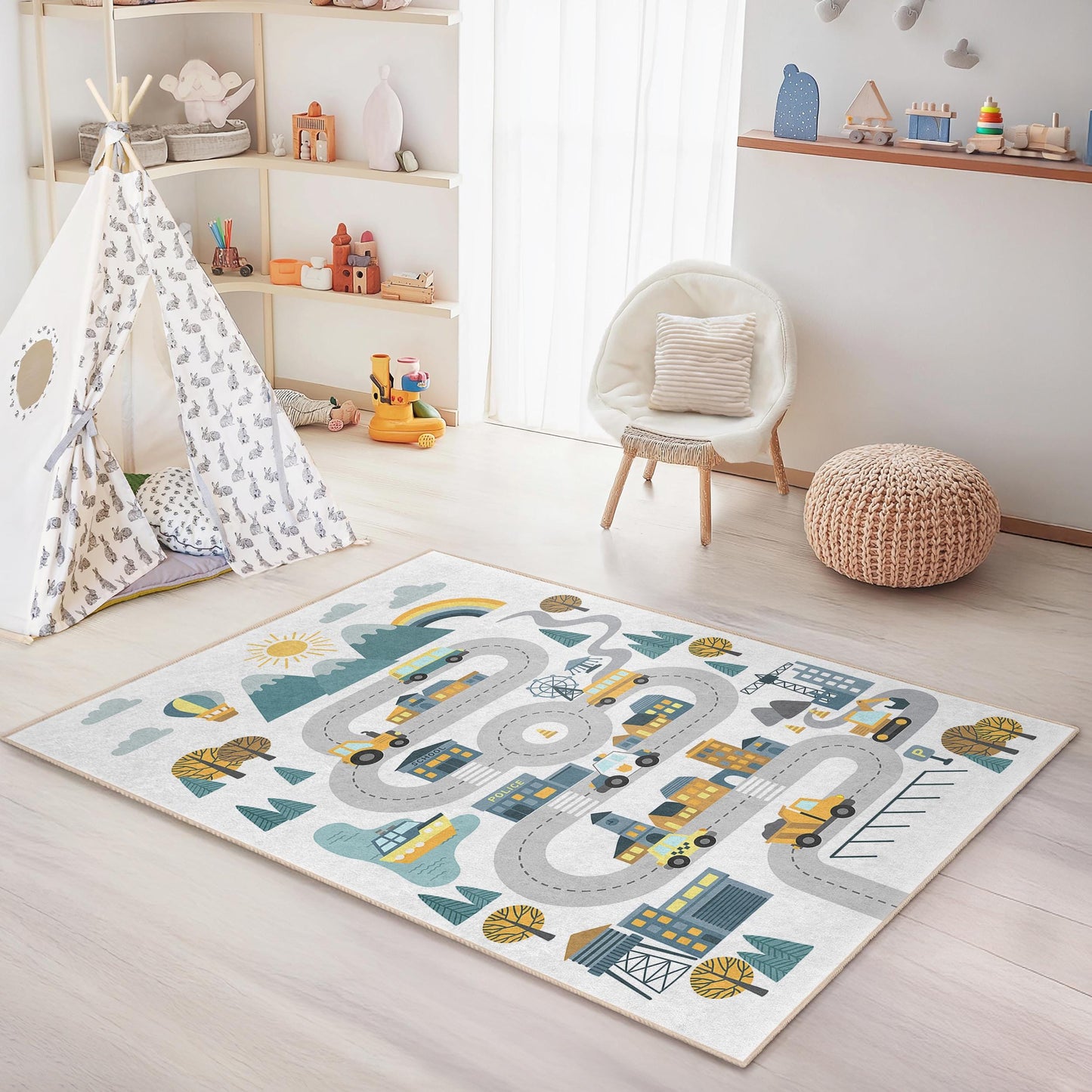 Bunter Straßenkarten-Kinderteppich: Interaktive Spielmatte, Kinderzimmerdekoration