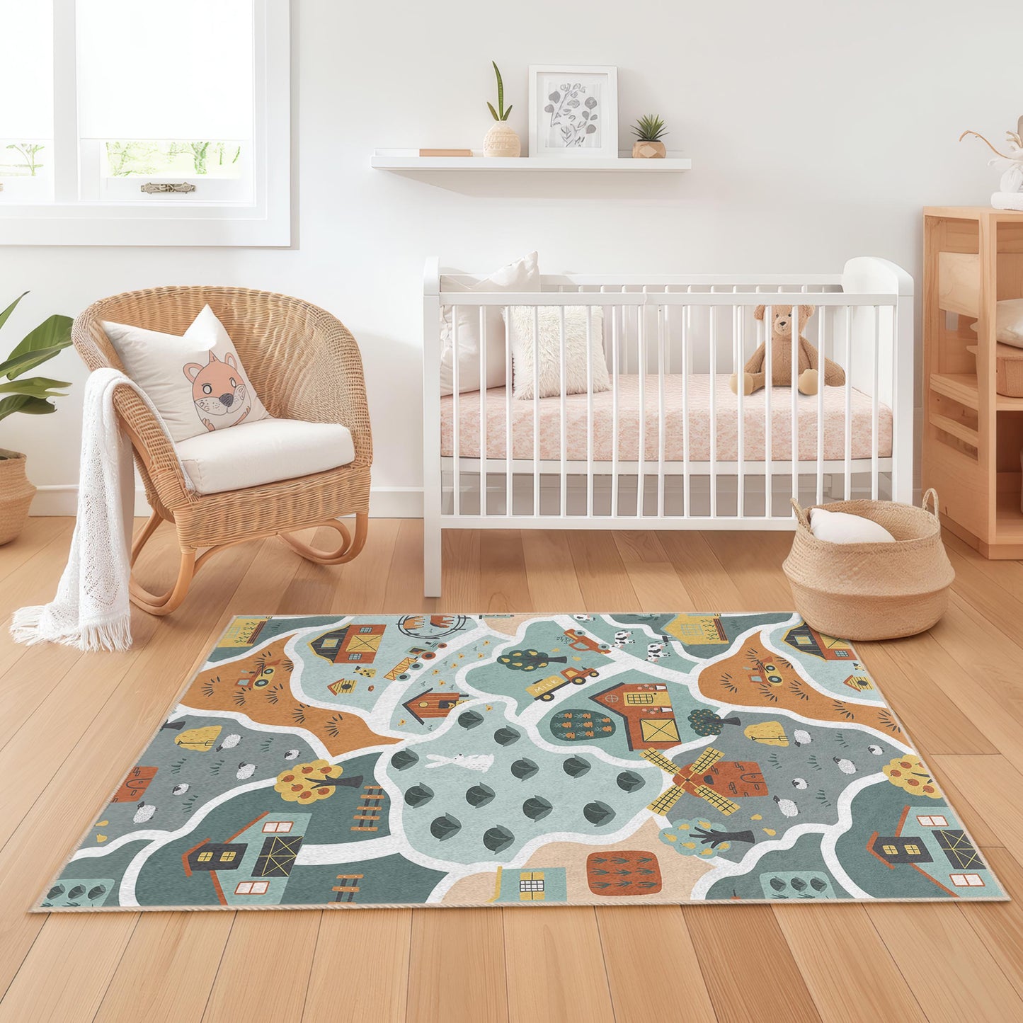 Spielteppich „Bauernhof-Abenteuer“ für Kinder, rechteckiger Teppich mit Tiermotiven, Kinderzimmerteppich, Spielzimmerdekoration, Bodenmatte fürs Babyzimmer