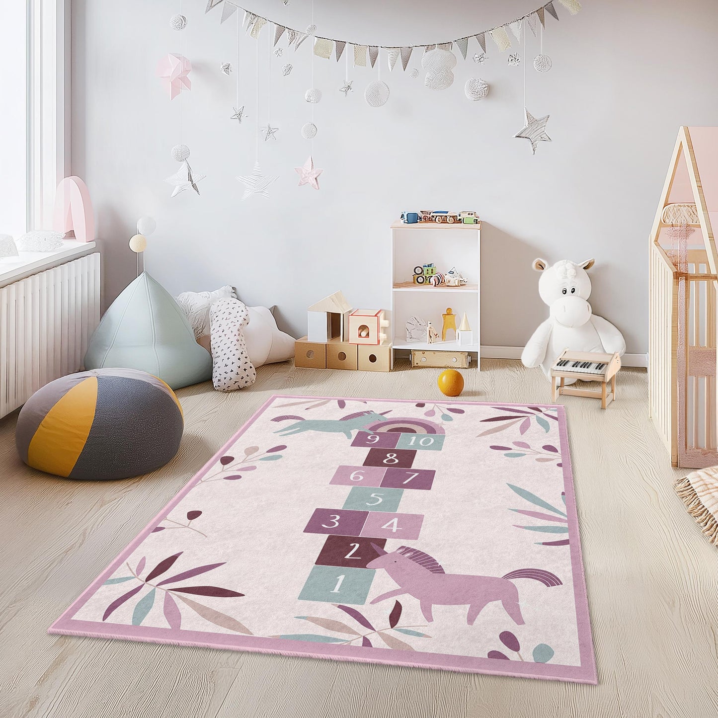 Einhorn-Hüpfspielteppich, Kinderzimmerteppich, rechteckiger Einhorn-Teppich, Spielzimmerdeko, weiche Spielmatte fürs Kinderzimmer, Kinderspielteppich