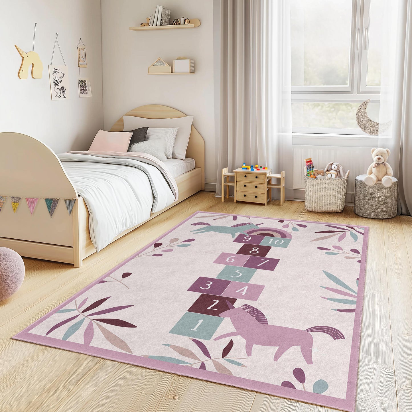 Einhorn-Hüpfspielteppich, Kinderzimmerteppich, rechteckiger Einhorn-Teppich, Spielzimmerdeko, weiche Spielmatte fürs Kinderzimmer, Kinderspielteppich