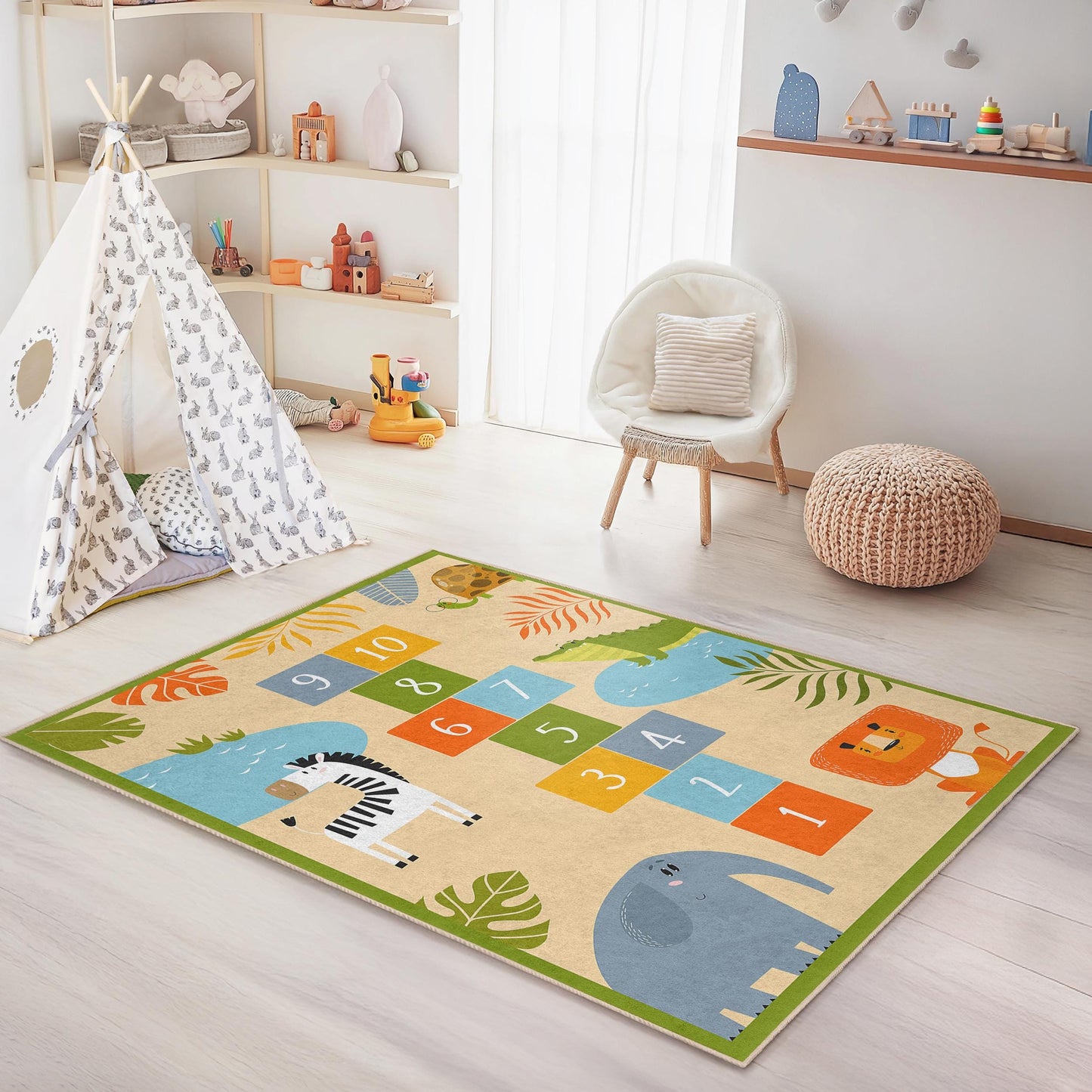 Dschungel-Abenteuer-Spielteppich für Kinder, Hüpfspiel-Tierteppich, rechteckiger Teppich fürs Kinderzimmer, Dschungeldeko, weiche Spielmatte