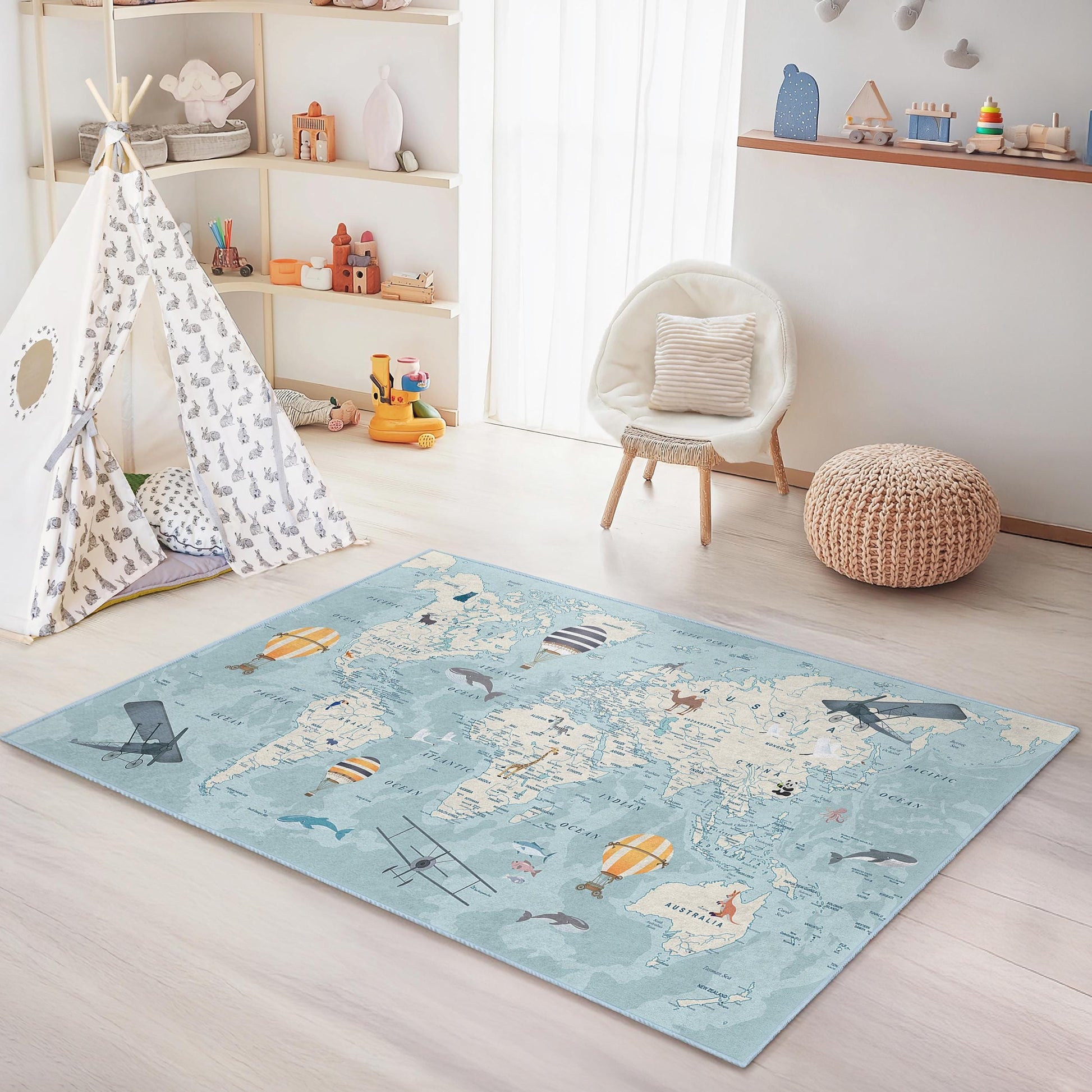 World Map Adventure Kids Rug, Hot Air Balloon Play Mat, Educational Kids Carpet, Rectangular Nursery Rug, Kids Room Decor