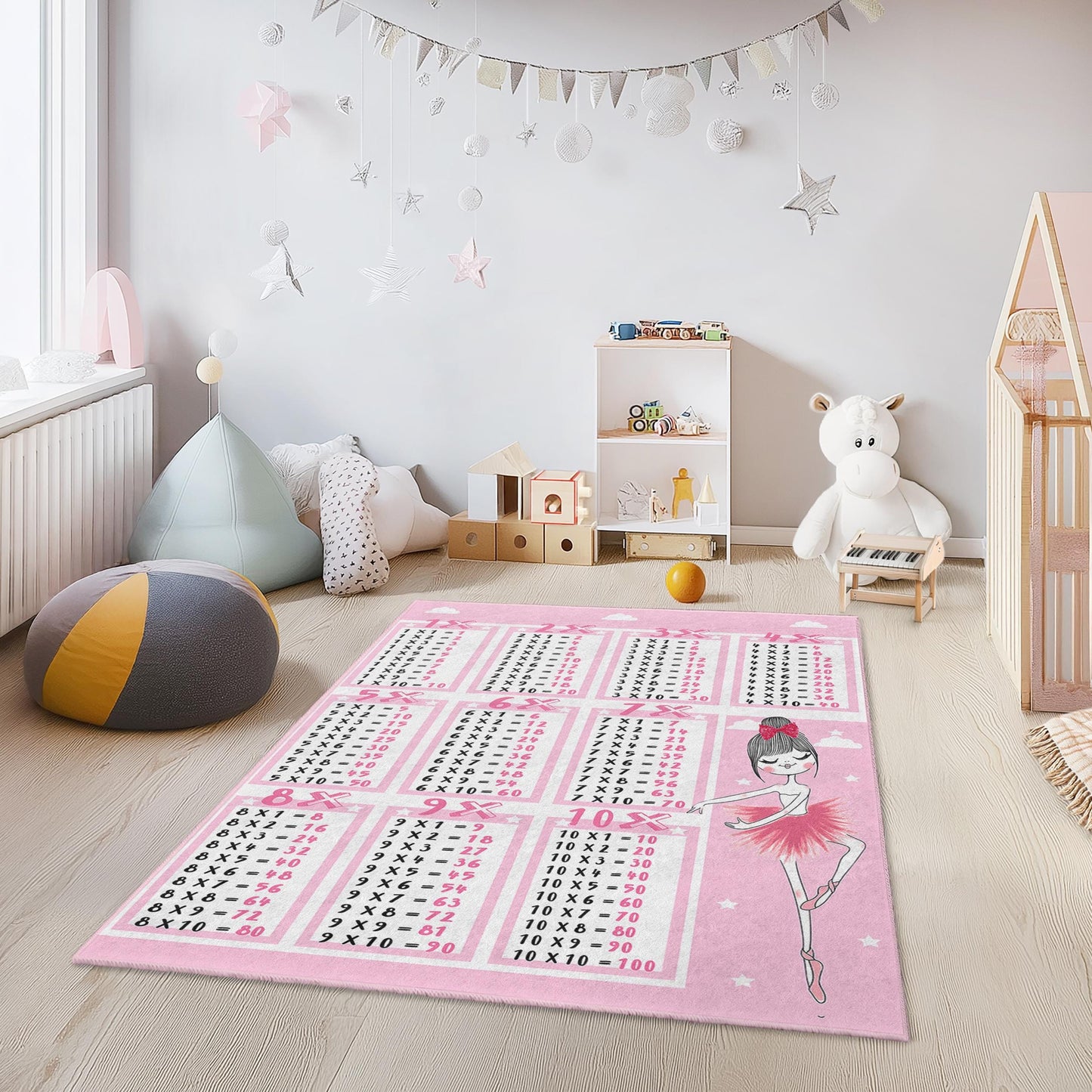 Rosa Ballerina-Multiplikationstabelle-Teppich, Kinderzimmerdeko, rechteckiger Teppich für Babyzimmer, Spielzimmer, Lernteppich