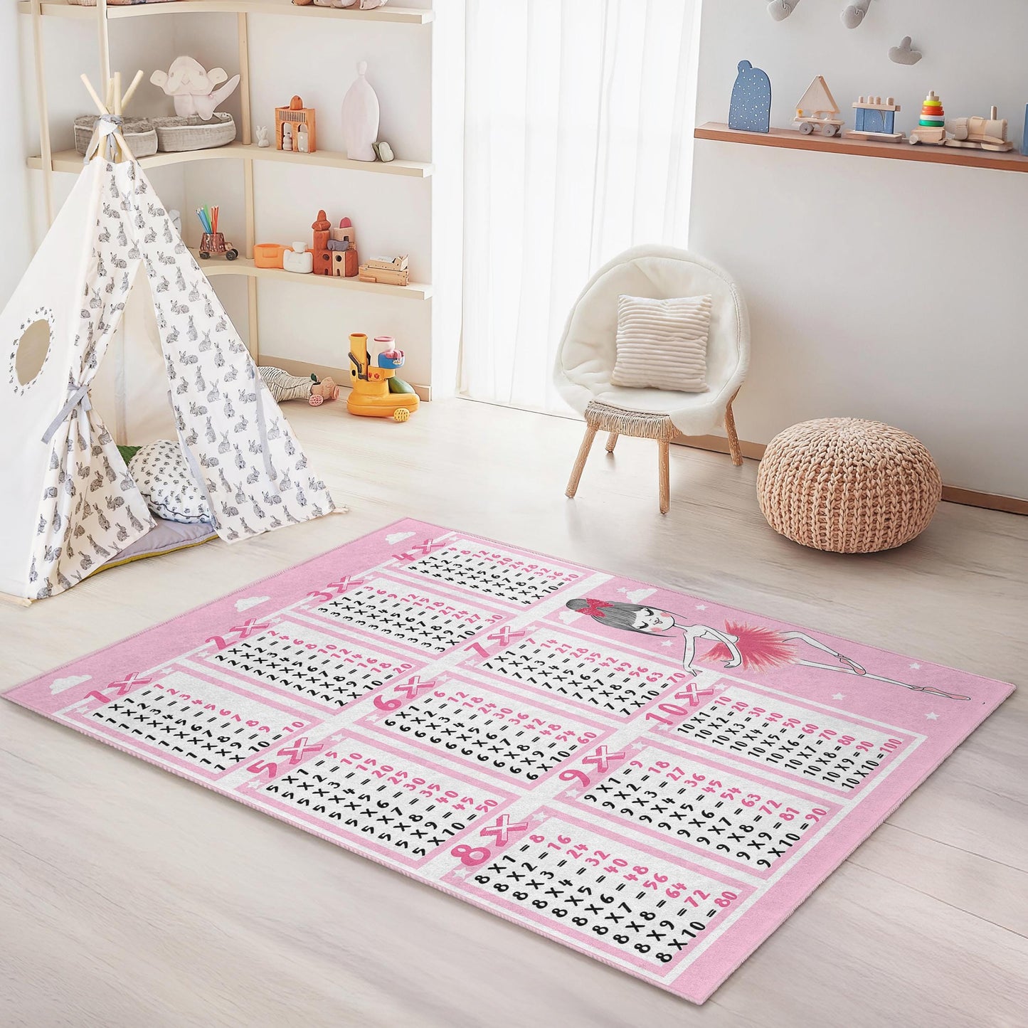 Rosa Ballerina-Multiplikationstabelle-Teppich, Kinderzimmerdeko, rechteckiger Teppich für Babyzimmer, Spielzimmer, Lernteppich