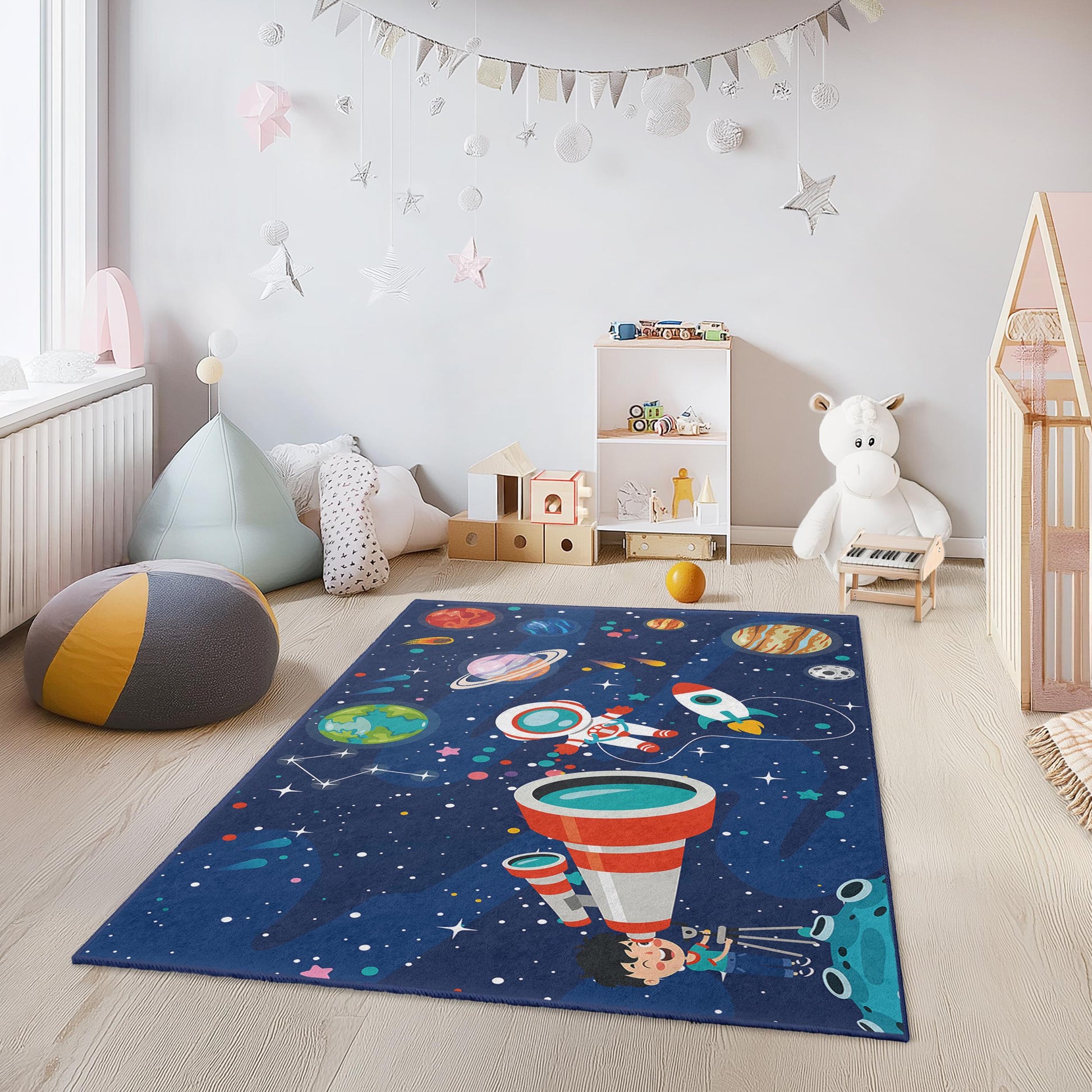 Space Adventure Kids Play Rug, Astronaut and Planet Themed Carpet, Rectangular Playroom Rug for Children, Cosmic Nursery Decor