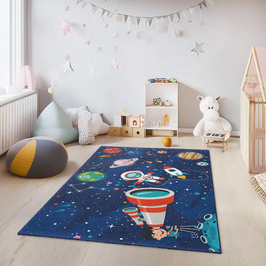 Space Adventure Kids Play Rug, Astronaut and Planet Themed Carpet, Rectangular Playroom Rug for Children, Cosmic Nursery Decor