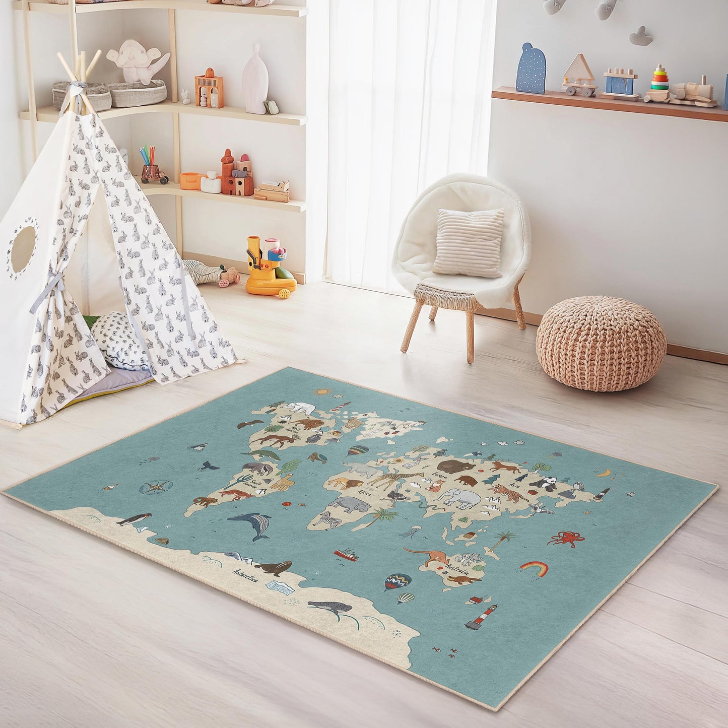 Verspielter Kinderteppich mit Tierweltkarte, rechteckiger Spielzimmerteppich, lehrreicher Weltkartenteppich, weicher Teppich fürs Kinderzimmer