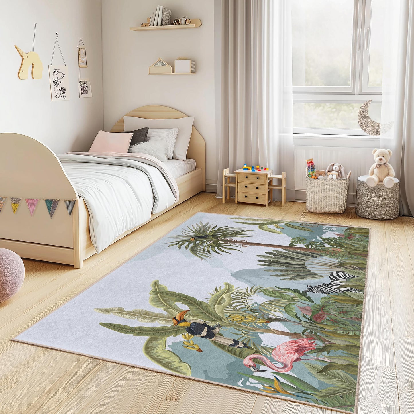 Tropischer Dschungel-Abenteuer-Kinderteppich, bunte Tierspielmatte, rechteckiger Kinderzimmerteppich, Kinderzimmerdekoration, Dschungel-Thementeppich