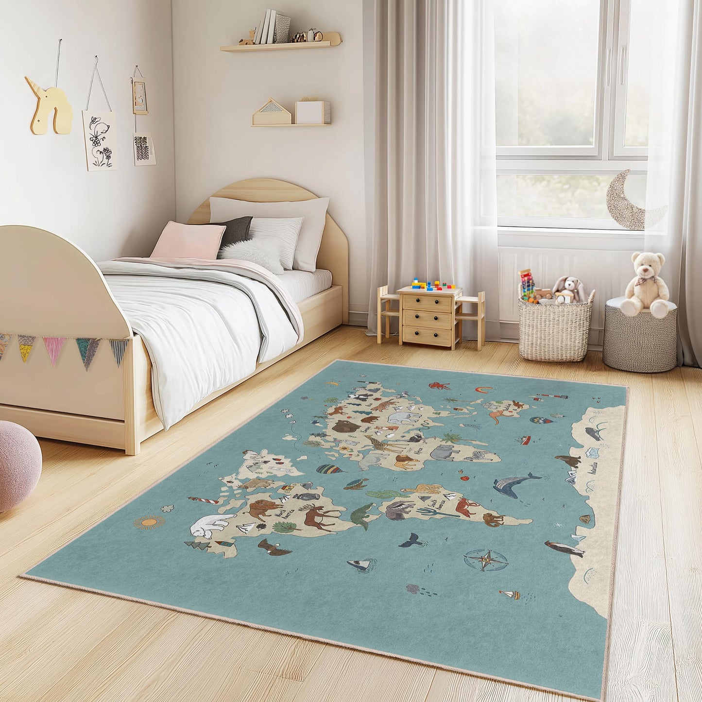 Verspielter Kinderteppich mit Tierweltkarte, rechteckiger Spielzimmerteppich, lehrreicher Weltkartenteppich, weicher Teppich fürs Kinderzimmer