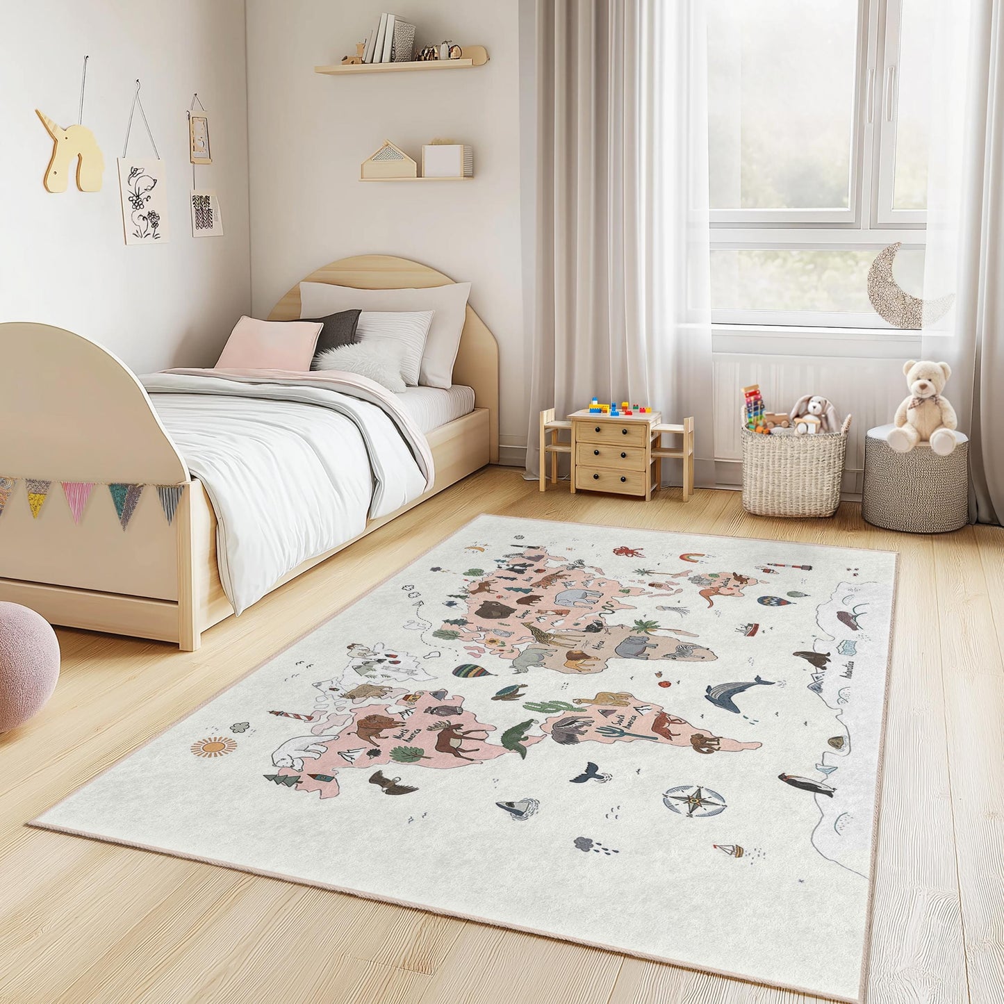 Kinderteppich mit Tiermotiven, bunter Teppich mit Tiermotiven, lustiger Spielzimmerteppich, rechteckige Kinderzimmerdekoration, Babyzimmerteppich