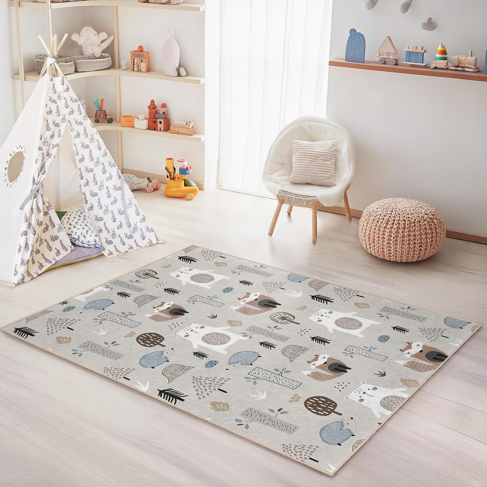 Woodland Themed Rug,Whimsical Forest Adventure Kids Play Rug,Cute Animal Pattern, Rectangular Kids Carpet,Nursery Decor, Woodland Themed Rug