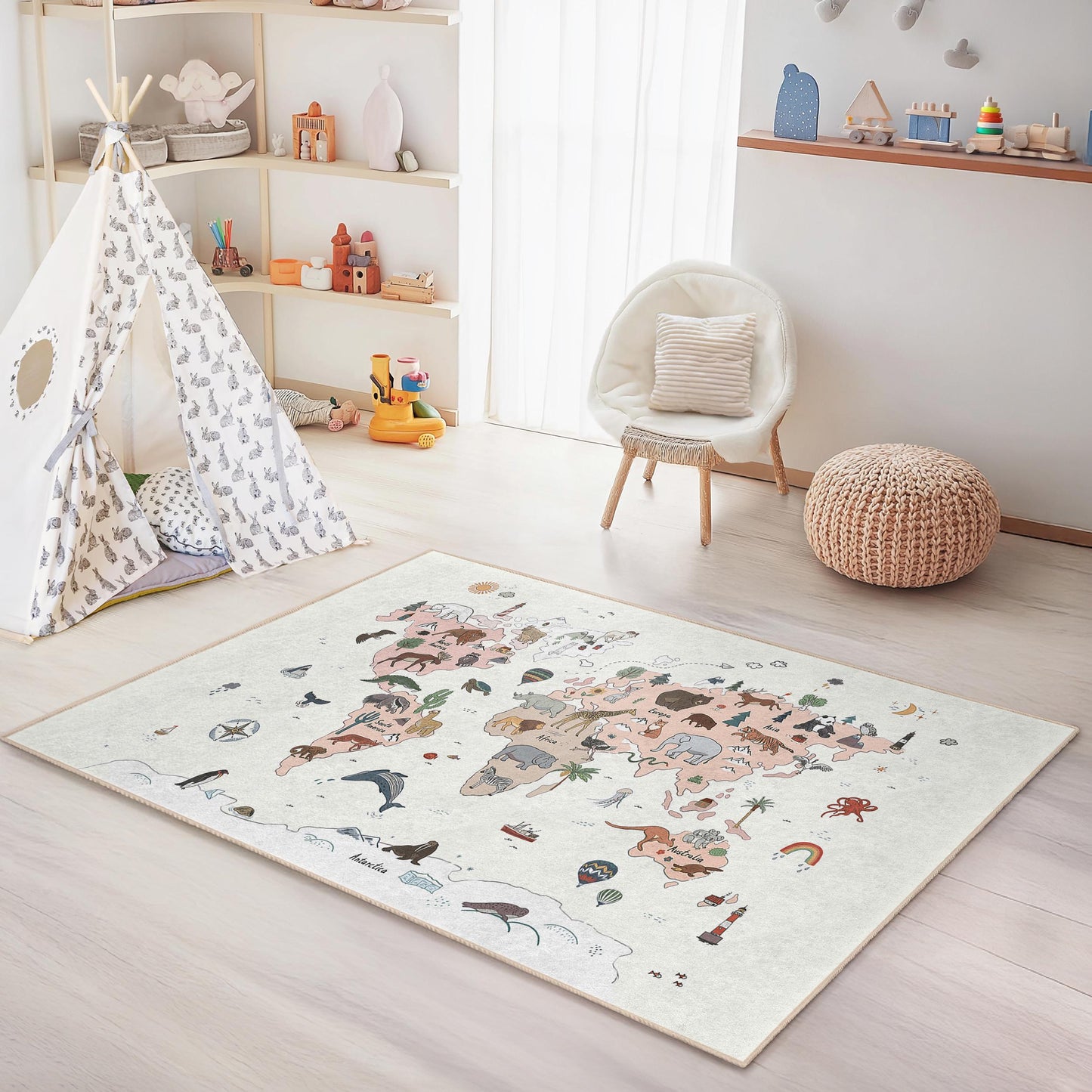 Kinderteppich mit Tiermotiven, bunter Teppich mit Tiermotiven, lustiger Spielzimmerteppich, rechteckige Kinderzimmerdekoration, Babyzimmerteppich