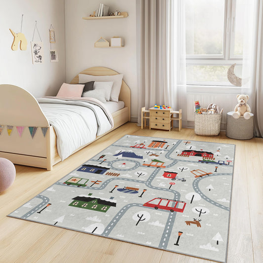 Imaginative Play Area, Colorful Road Map Kids Rug, Playful Rectangular Carpet for Child's Room, Soft Play Mat, Nursery Decor,