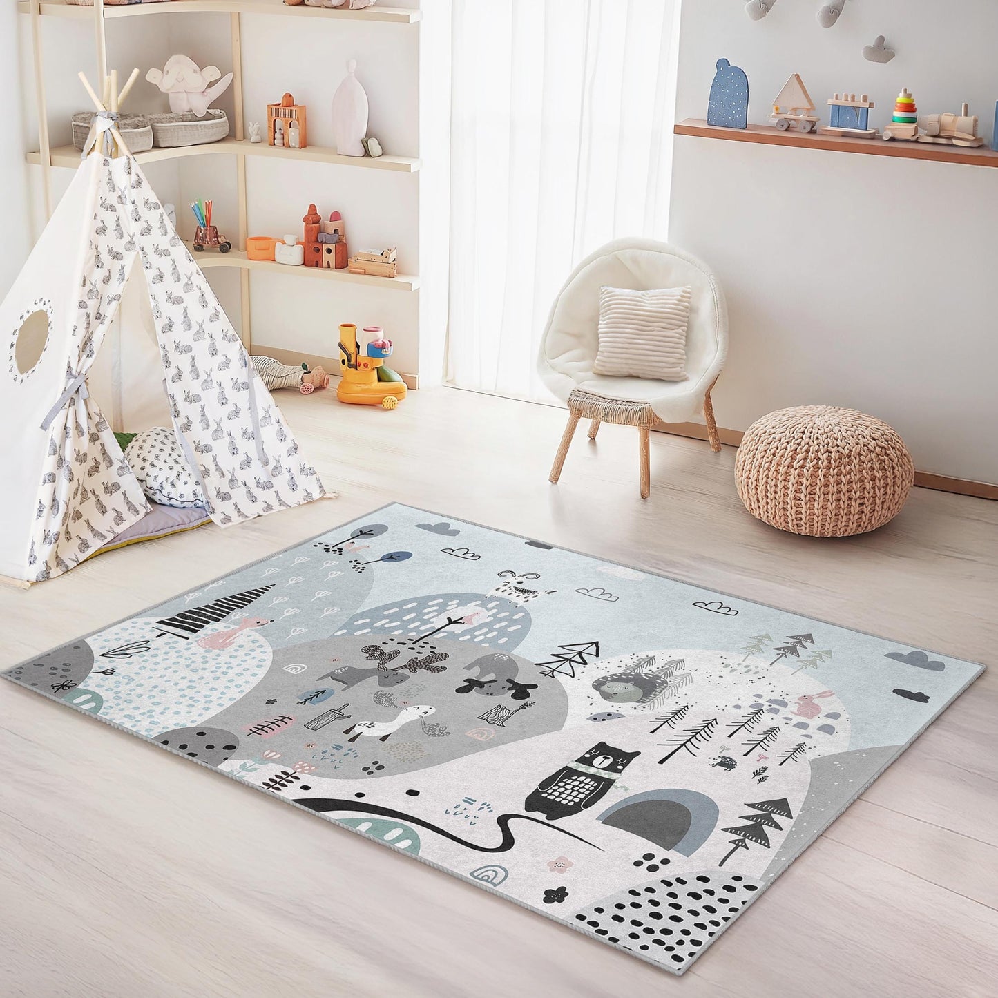 Forest Themed Kids Mat, Whimsical Tree and Animal Kids Rug, Rectangular Playroom Carpet, Modern Nursery Decor, Childrens Room Rug
