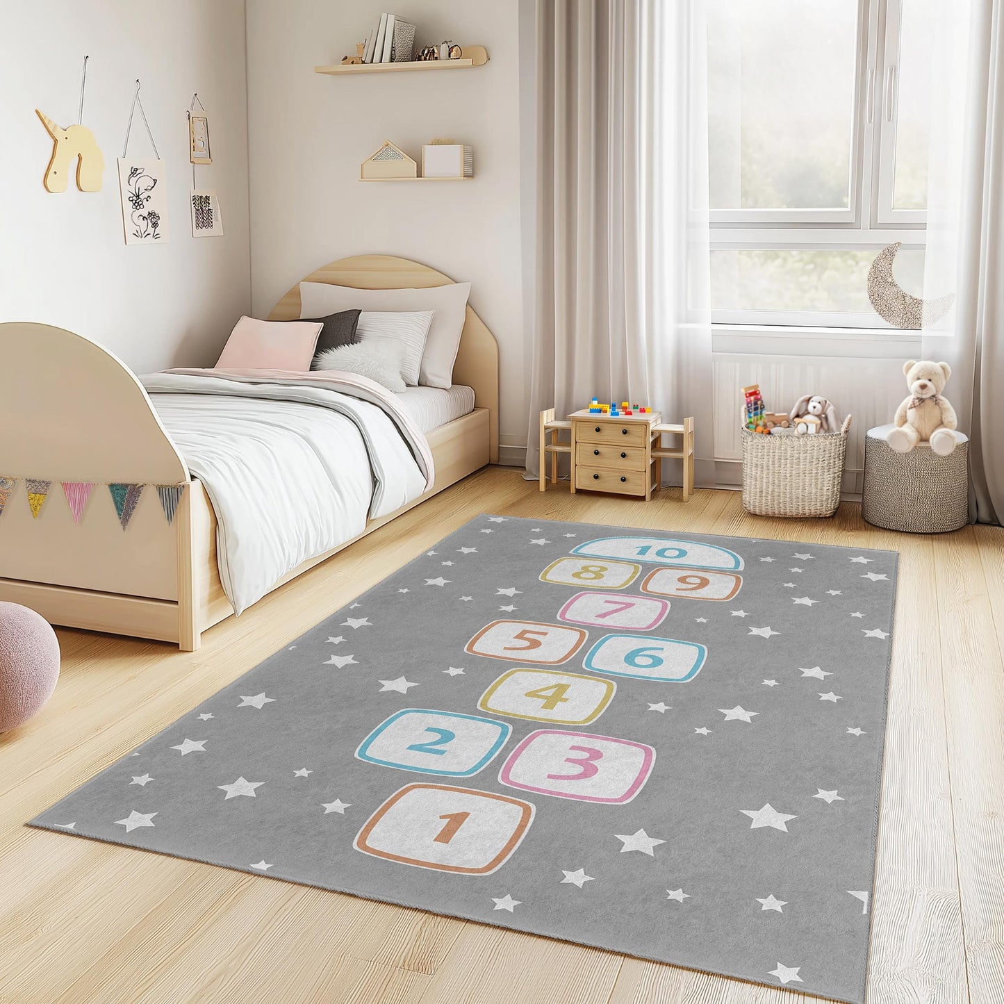 Rechteckiger Kinderteppich mit Hüpfkästchenmuster, Spielzimmerdeko, weicher Teppich fürs Kinderzimmer, lustige Lernmatte, Kinderzimmerteppich