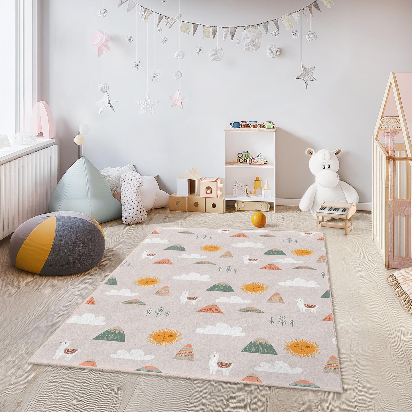 Mountain Sun Playful Kids Rug, Cute Animal Kids Carpet, Rectangular Nursery Rug, Colorful Kids Room Decor