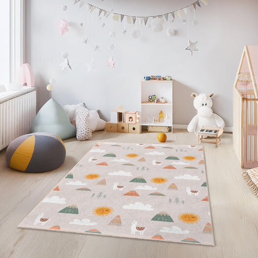 Mountain Sun Playful Kids Rug, Cute Animal Kids Carpet, Rectangular Nursery Rug, Colorful Kids Room Decor