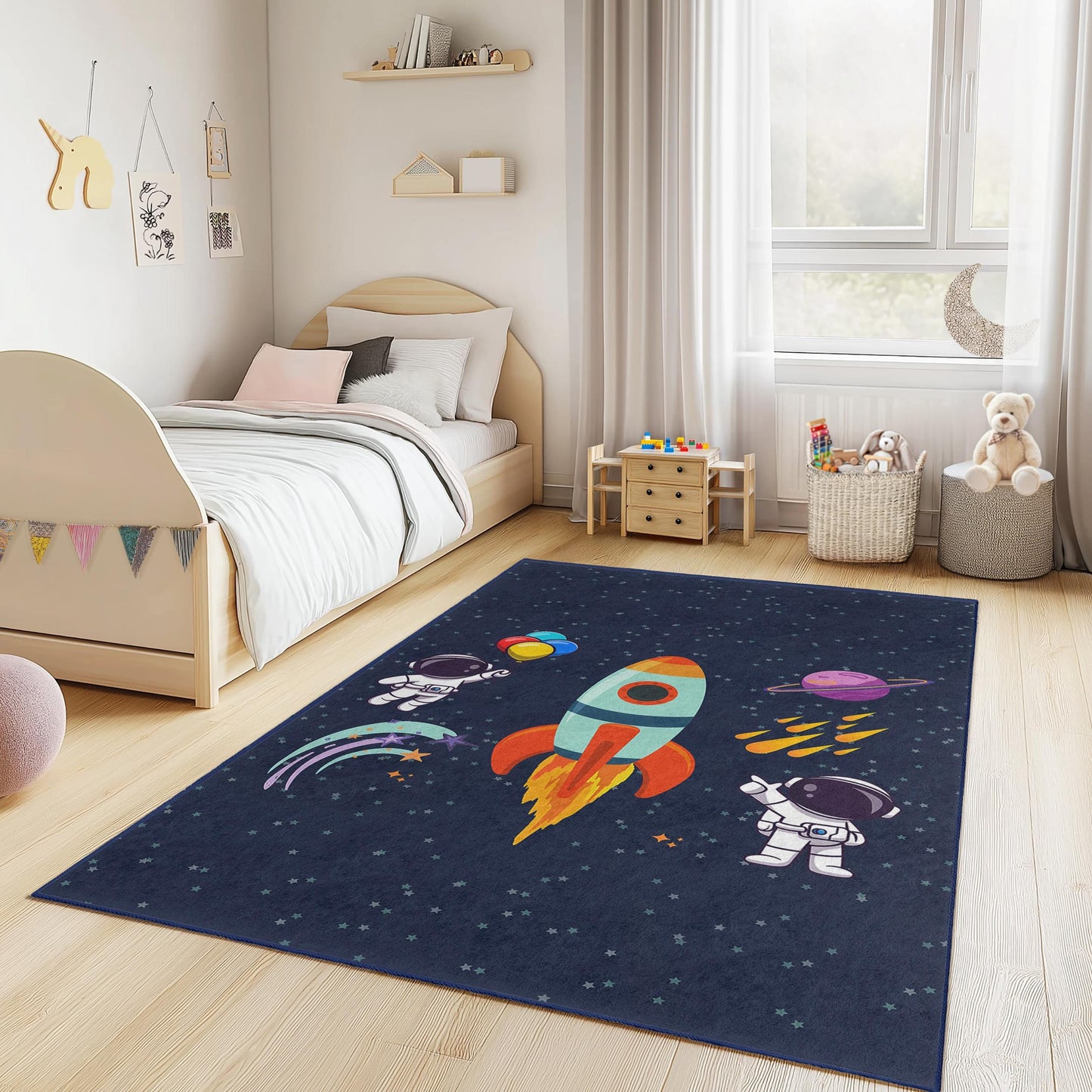 Weltraumabenteuer-Kinderteppich, Astronautenraketen-Teppich fürs Spielzimmer, Kinderzimmerdeko, lustiger Galaxie-Teppich, Spielmatte fürs Kleinkinderzimmer