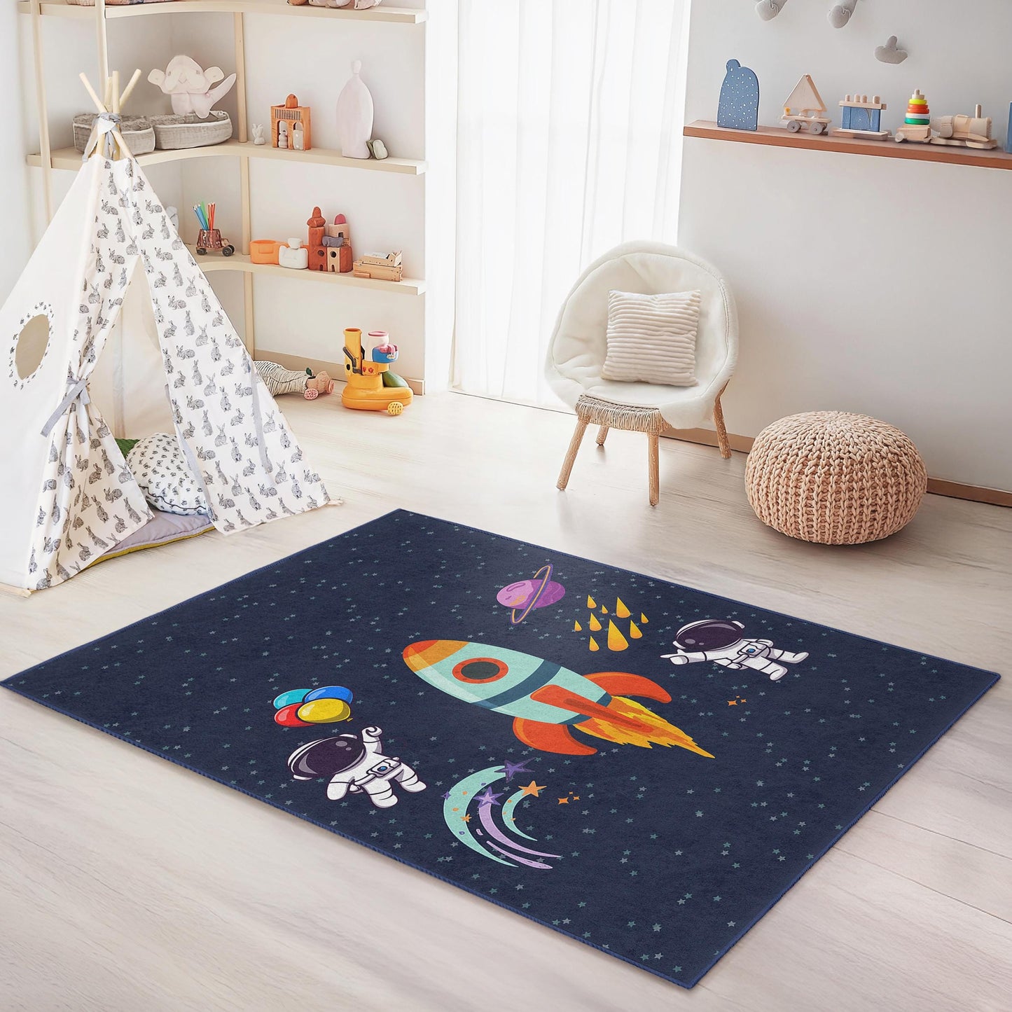 Weltraumabenteuer-Kinderteppich, Astronautenraketen-Teppich fürs Spielzimmer, Kinderzimmerdeko, lustiger Galaxie-Teppich, Spielmatte fürs Kleinkinderzimmer