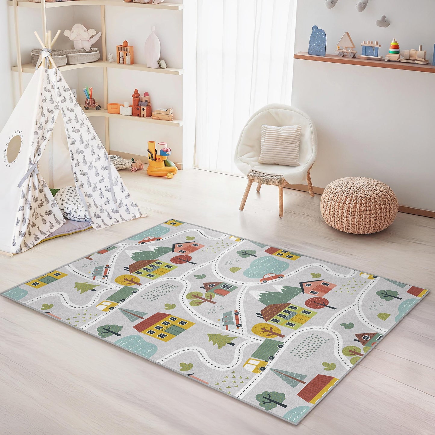 Bunter Stadtplan-Spielteppich, interaktiver rechteckiger Kinderteppich, lustiger Spielzimmerteppich, Kinderzimmerdekoration, weicher Kinderteppich