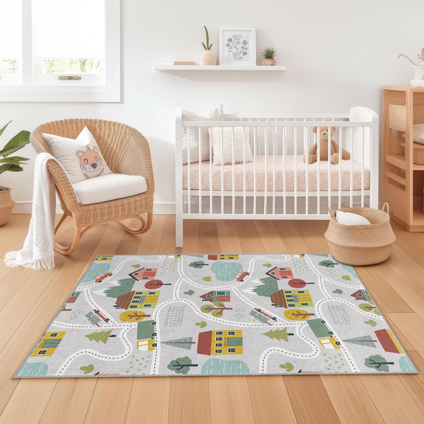 Bunter Stadtplan-Spielteppich, interaktiver rechteckiger Kinderteppich, lustiger Spielzimmerteppich, Kinderzimmerdekoration, weicher Kinderteppich
