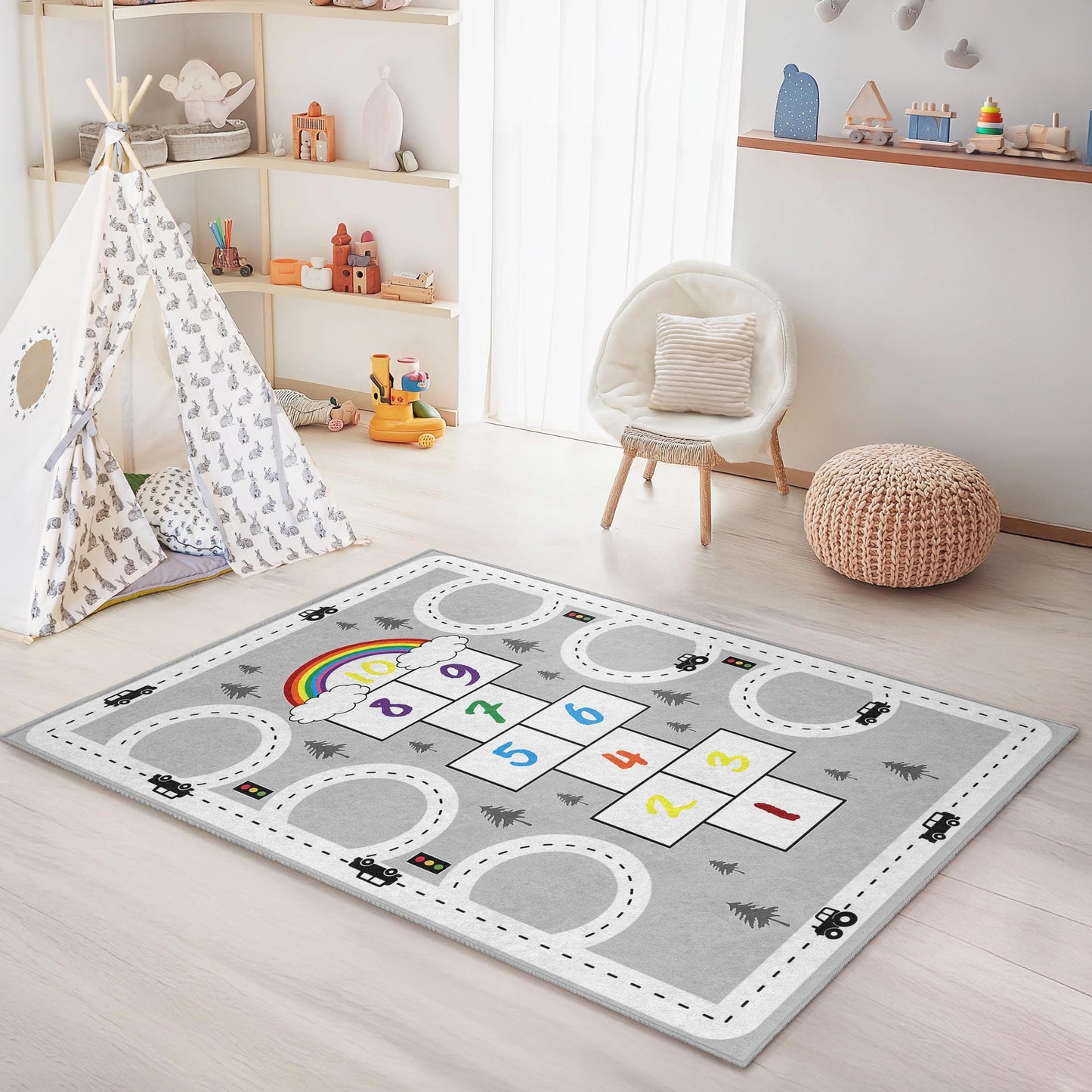 Regenbogen-Hüpfspiel-Spielteppich für Kinder, interaktive Spielmatte, weicher rechteckiger Teppich, Kinderzimmerdekoration, Spielzimmerteppich, Lernteppich