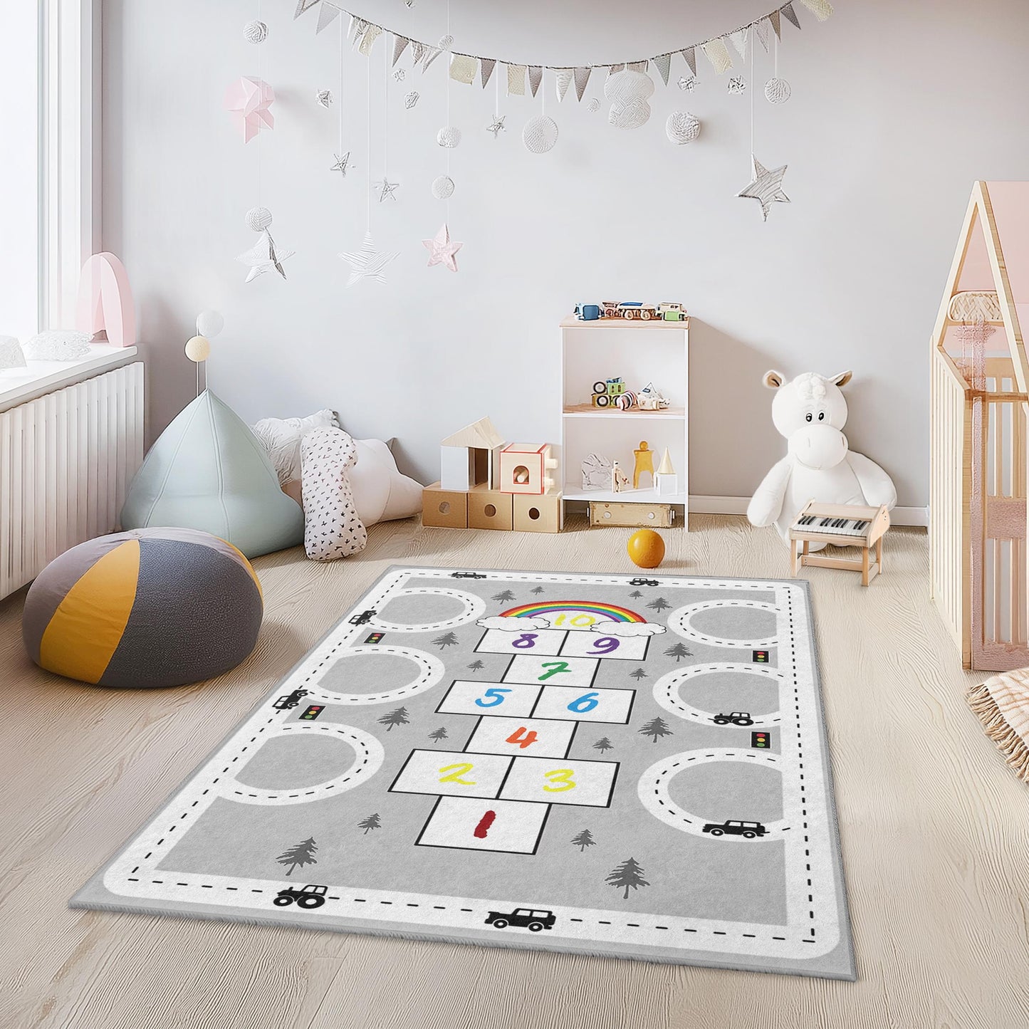 Regenbogen-Hüpfspiel-Spielteppich für Kinder, interaktive Spielmatte, weicher rechteckiger Teppich, Kinderzimmerdekoration, Spielzimmerteppich, Lernteppich