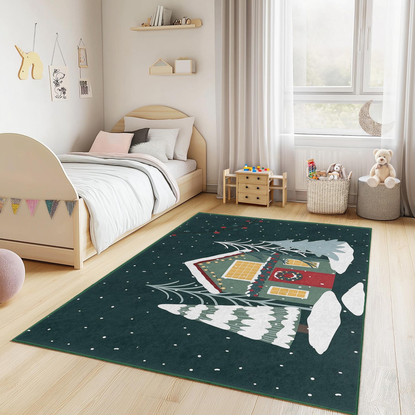 Rechteckiger Kinderteppich „Winterwunderland“, gemütliche Weihnachtsdekoration, weihnachtlicher Teppich fürs Kinderzimmer, weiche Spielmatte