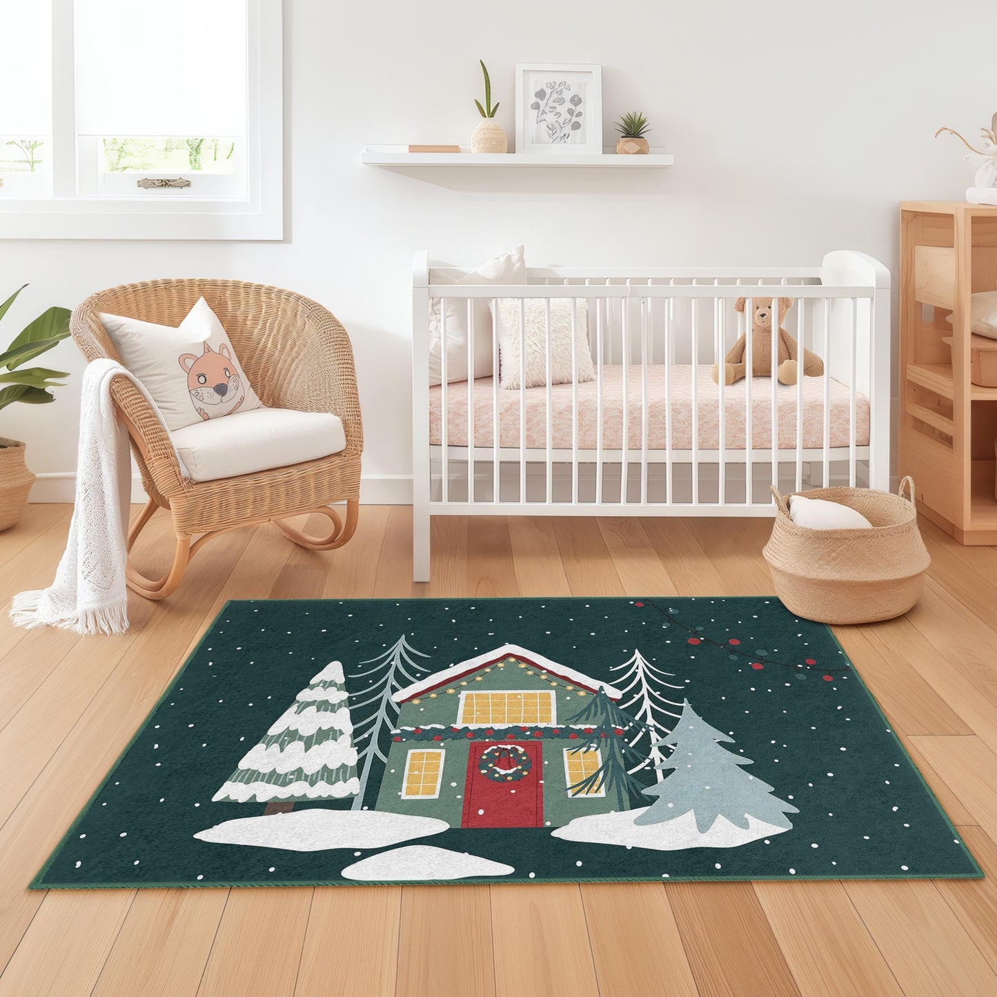 Rechteckiger Kinderteppich „Winterwunderland“, gemütliche Weihnachtsdekoration, weihnachtlicher Teppich fürs Kinderzimmer, weiche Spielmatte