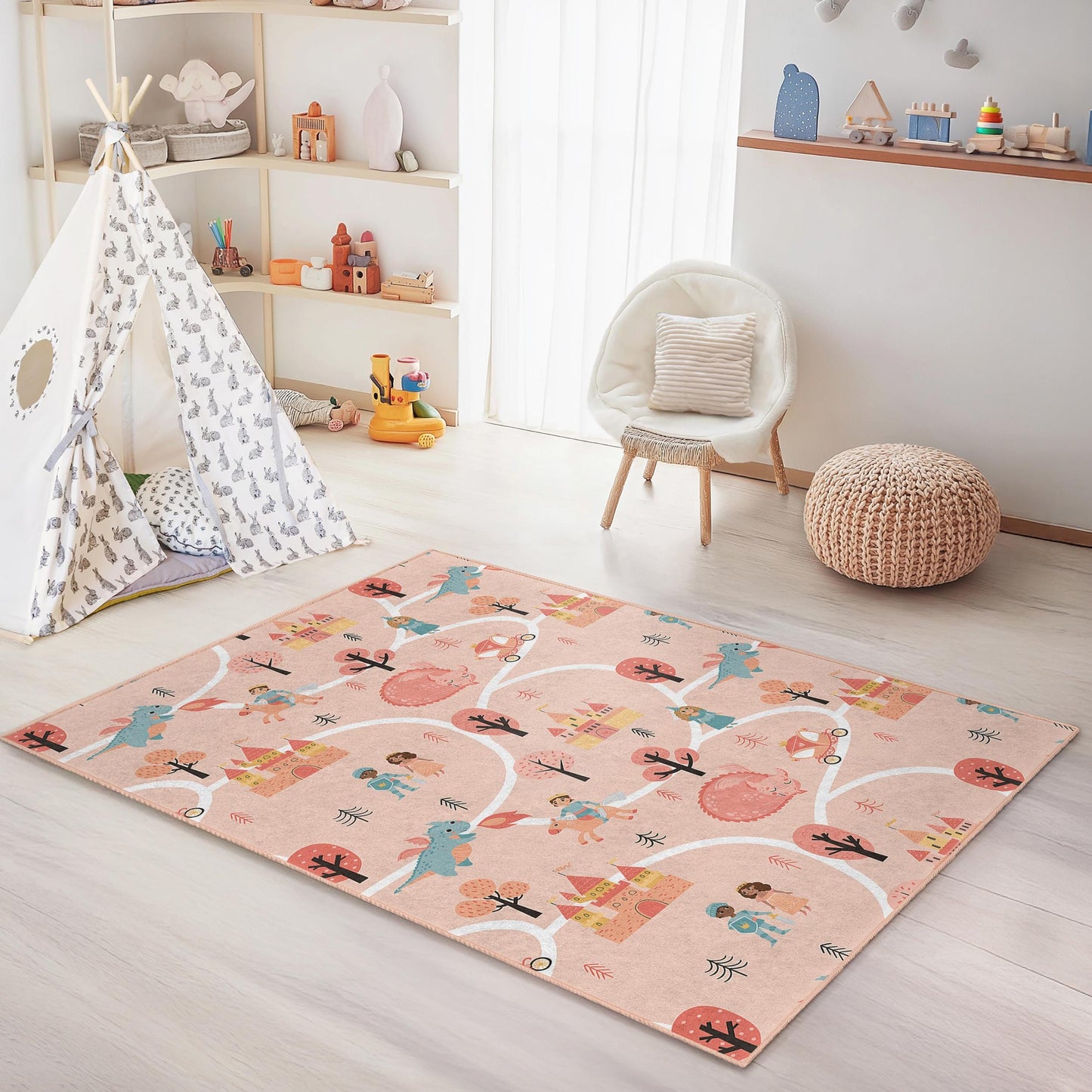 Märchenhafter Abenteuer-Kinderteppich, rechteckiger Prinzessinnenschloss-Teppich, Spielzimmerdekoration, weicher Kinderzimmerteppich, Fantasy-Kinderteppich