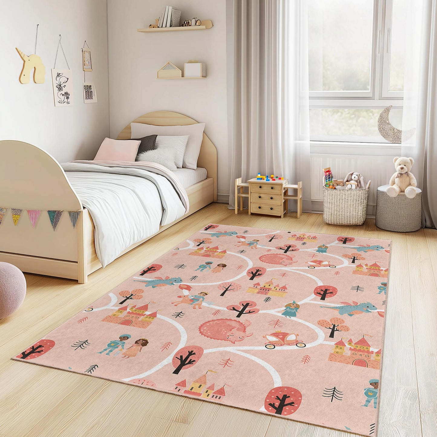 Märchenhafter Abenteuer-Kinderteppich, rechteckiger Prinzessinnenschloss-Teppich, Spielzimmerdekoration, weicher Kinderzimmerteppich, Fantasy-Kinderteppich