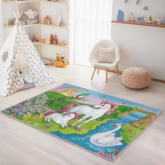 Fantasy Kids Carpet, Magical Unicorn Adventure Kids Rug, Colorful Unicorn Play Mat, Rectangle Childrens Rug, Soft Nursery Decor,
