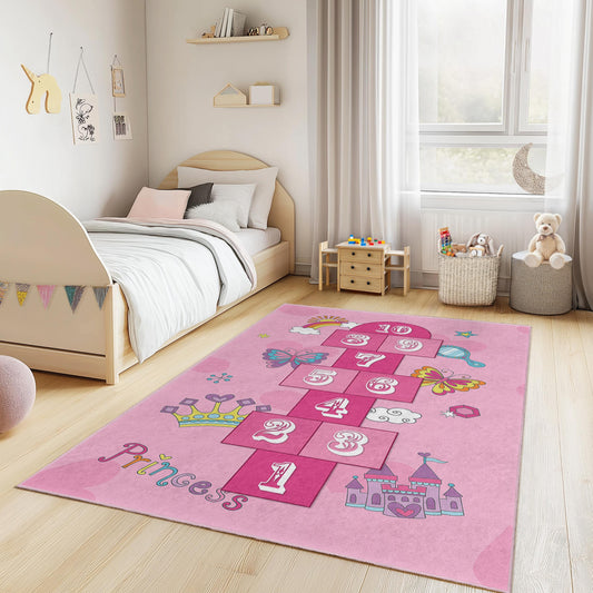 Princess Hopscotch Play Rug for Kids Room, Rectangle Kids Carpet, Soft Play Mat, Nursery Decor, Fun Butterfly Design
