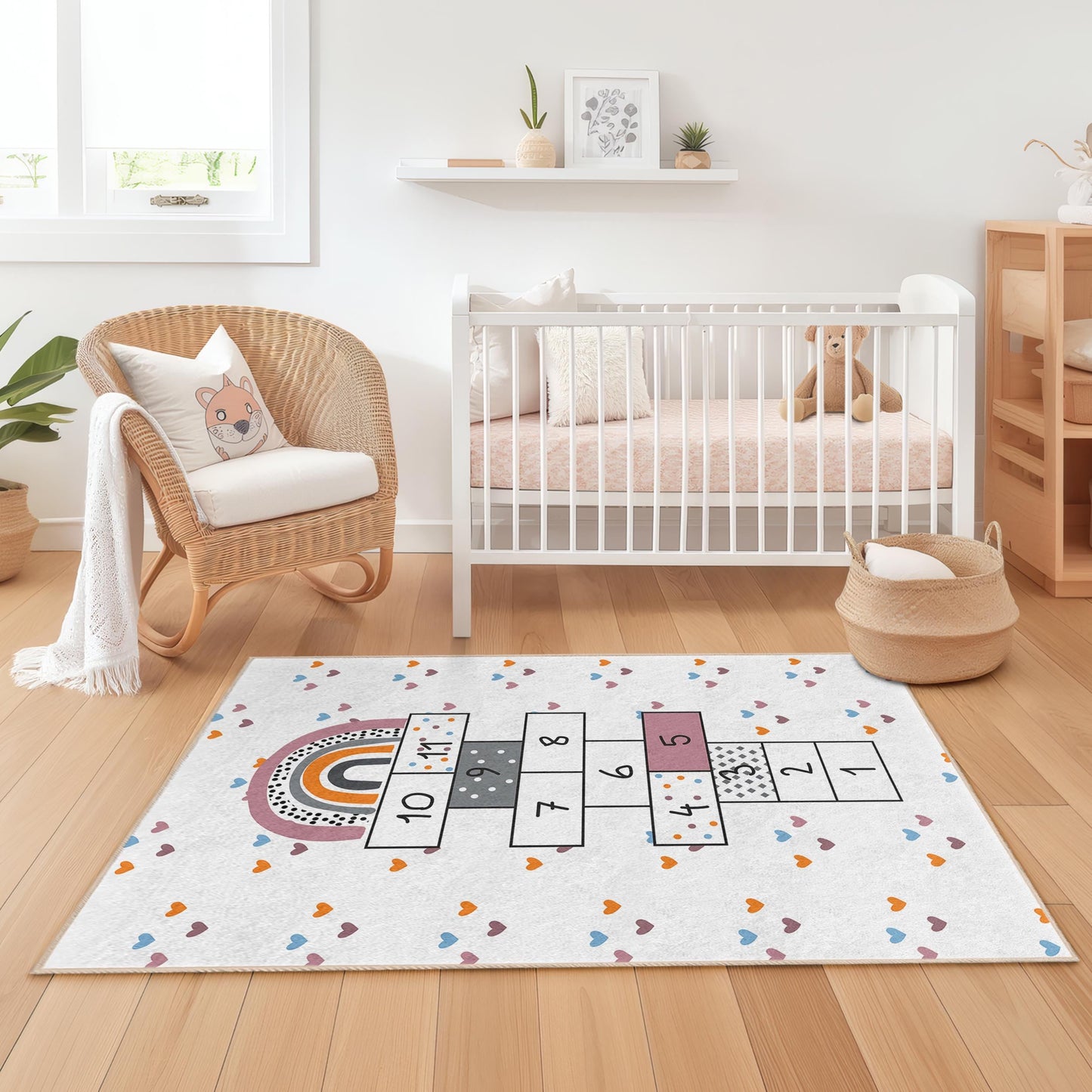 Regenbogen-Hüpfspielteppich, Kinderzimmerteppich, rechteckige Spielmatte, weicher Kinderzimmerteppich, spielerische Lerndekoration
