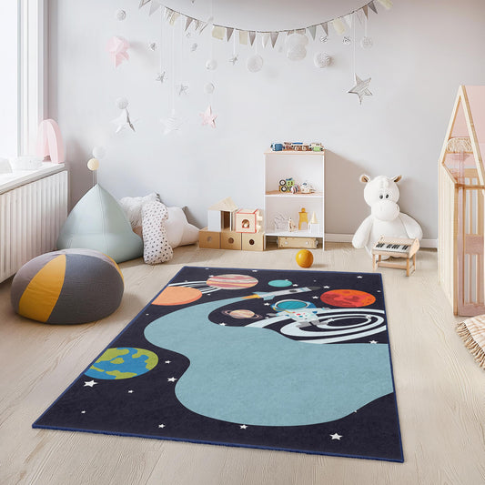 Outer Space Adventure Kids Rug, Astronaut Play Mat, Galaxy Themed Rug for Children's Room, Space Design Nursery Decor