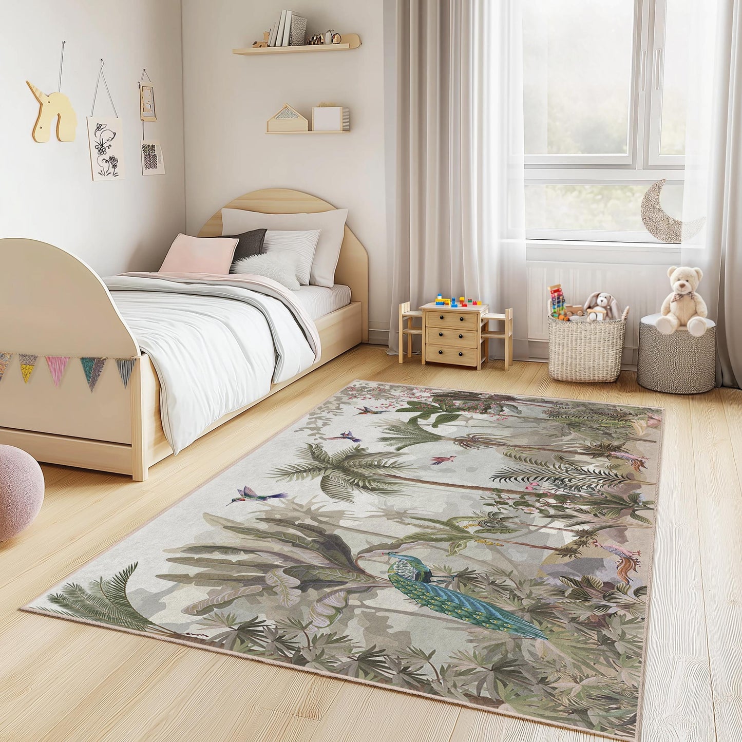 Tropischer Paradies-Kinderzimmerteppich, rechteckiger Blumenteppich, naturinspirierter Teppich, Dschungel-Spielzimmerdeko, Kinderzimmerteppich