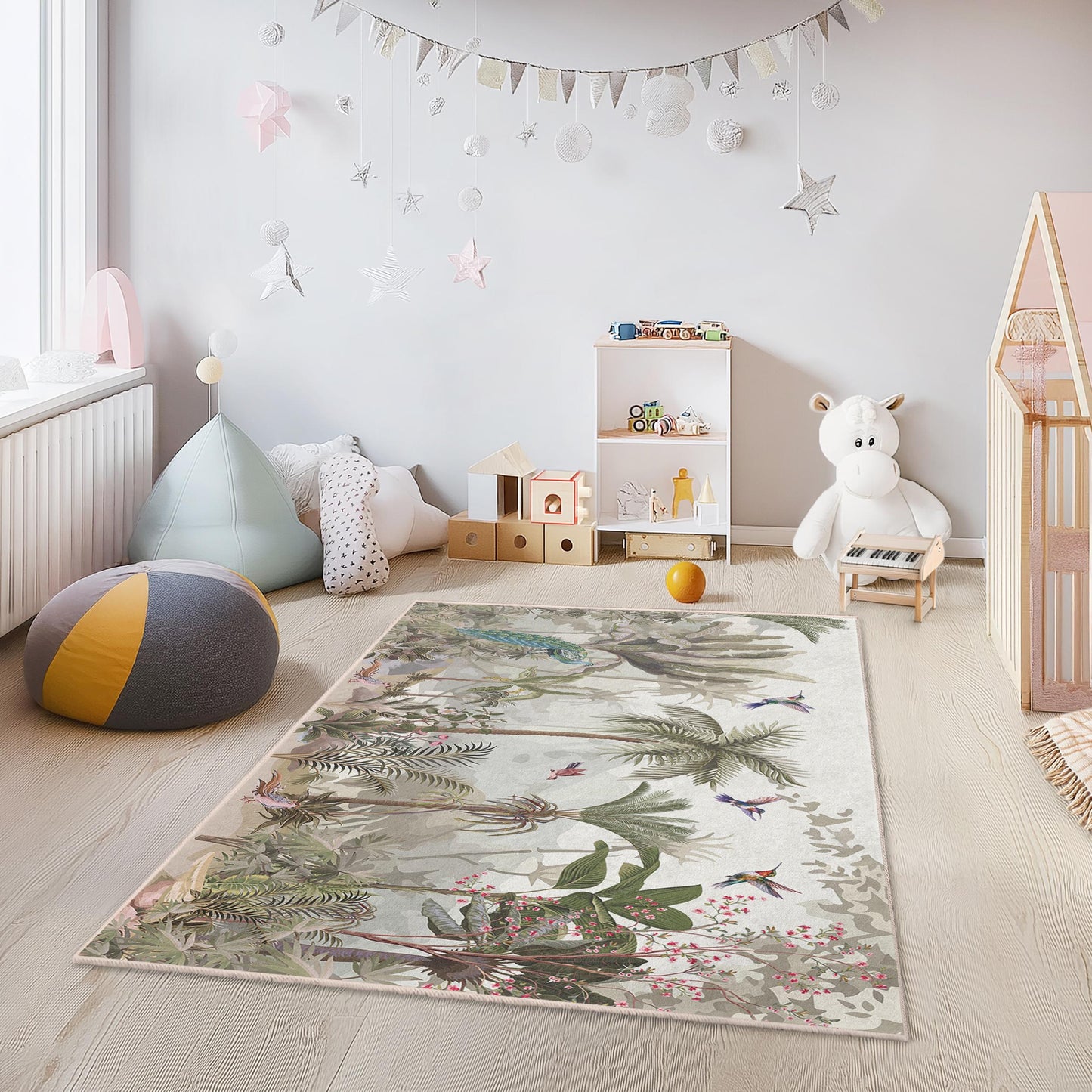 Tropischer Paradies-Kinderzimmerteppich, rechteckiger Blumenteppich, naturinspirierter Teppich, Dschungel-Spielzimmerdeko, Kinderzimmerteppich