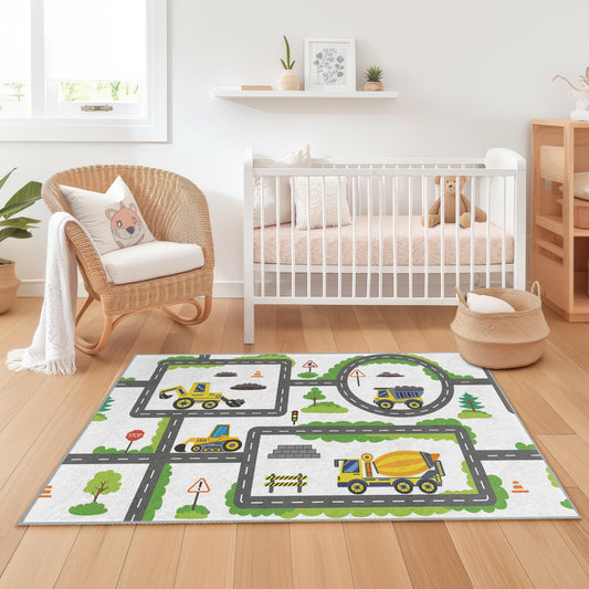 Truck & Vehicle Themed Rectangular Rug,Construction Zone Kids Play Rug, Playroom Carpet for Children, Nursery Decor, Soft Play Mat